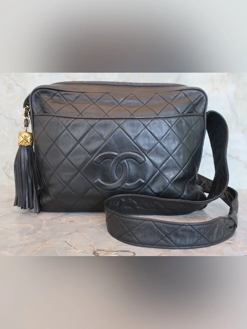 Authentic CHANEL black lambskin vintage 24k gold CC camera bag crossbody